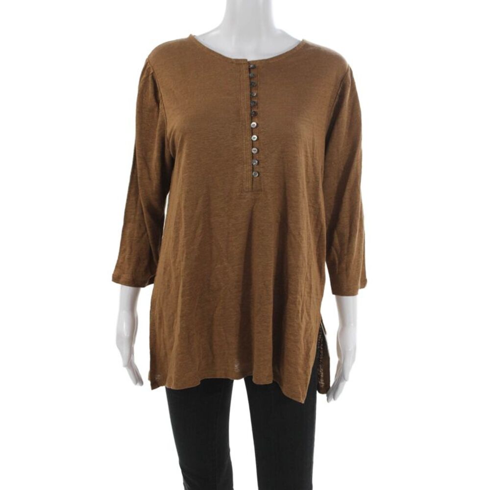 Wrap Womens Linen Henley Tunic 3/4 Sleeve Brown Size 10